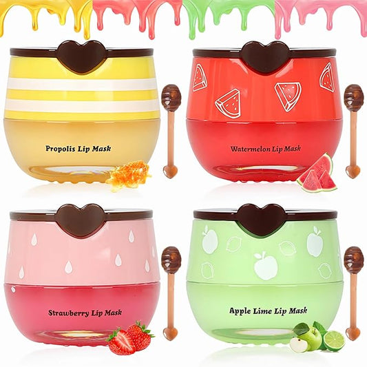 4 PCS Bee Lip Balm Lip Mask Honey Pot, Honey & Strawberry & Watermelon & Apple Lime Lip Sleeping Mask Propolis Moisturizing Lip Balm with Stick, Hydrating Prevention Dry & Cracked