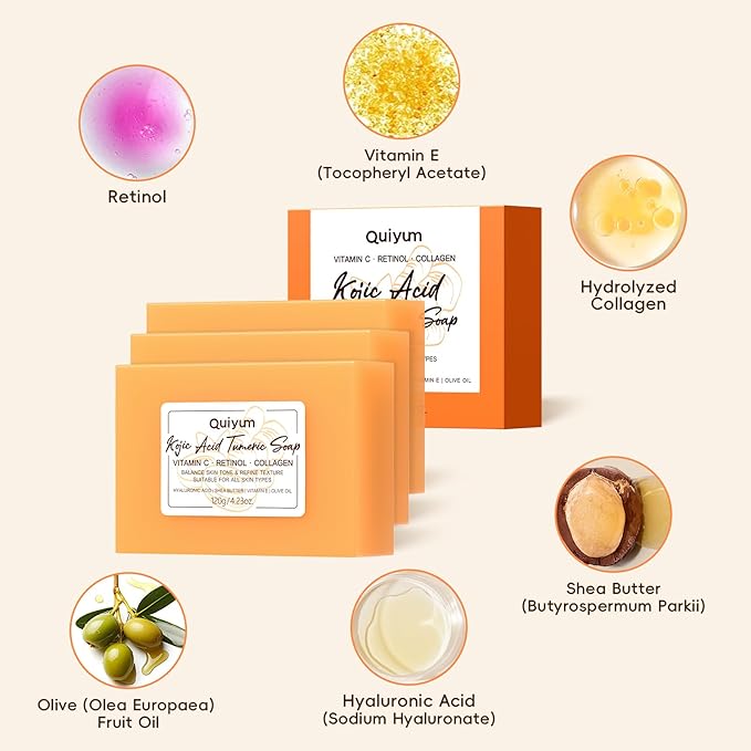 Kojic Acid Turmeric Soap, Dark Spot Remover for Face, Facial Skin Care Products, Even Skin Tone, Moisturizing & Nourishing, 3 Pack+ African Net Sponge, Christmas Gift Stocking Stuffers