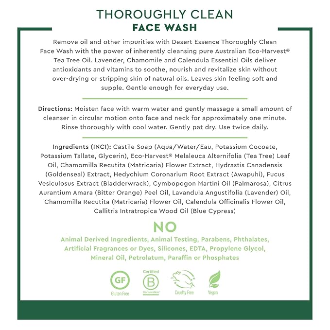 Desert Essence Thoroughly Clean Face Wash with Tea Tree Oil, Castile Soap and Coconut Oil - Organic Facial Cleanser for Sensitive and Oily Skin, Vegan & Cruelty-Free, 32 fl oz