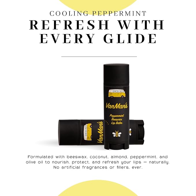 VanMan Beeswax Lip Balm Tube – Organic Beeswax with Coconut and Sweet Almond Oils, Lanolin, and Peppermint Oil – Hydrating Moisturizer for Dry Lips – Peppermint – 3 Tube Pack