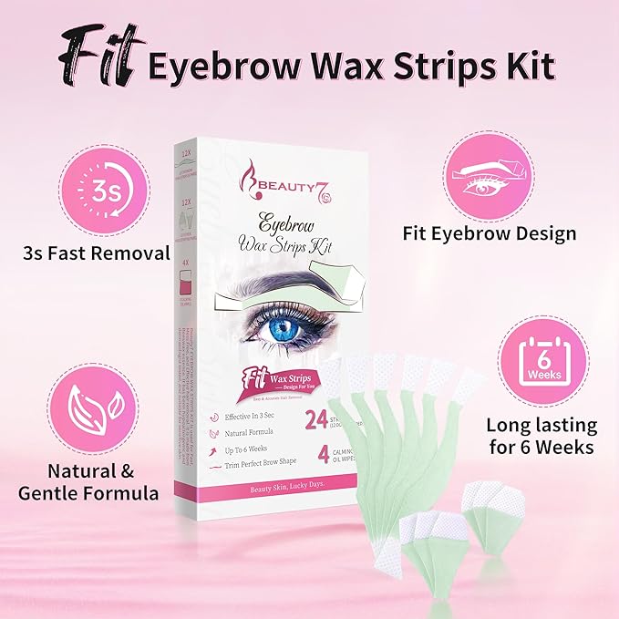 Beauty7 Facial Wax Strips Kit for Hair Removal - Eyebrow Wax Strips at Home - 24 Strip, 4 Calming Oil Wipes for Sensitive All Skin Types for Women