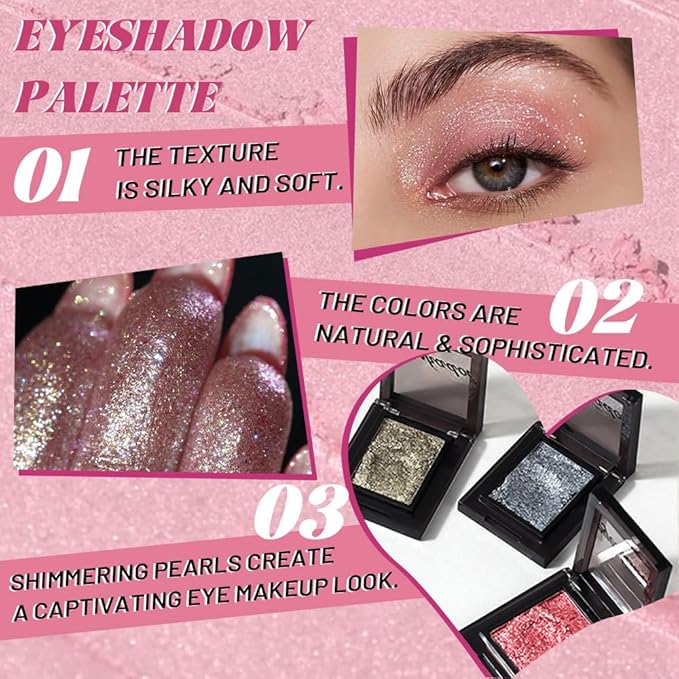 Sparkly Eyeshadow Palette for Women, Single Monochrome Eye Shadow Makeup, Shiny Pressed Cream Powder, Blendable Natural sombras para ojos, Holographic,Vegan,Travel (01-Glitter-Light Pink)