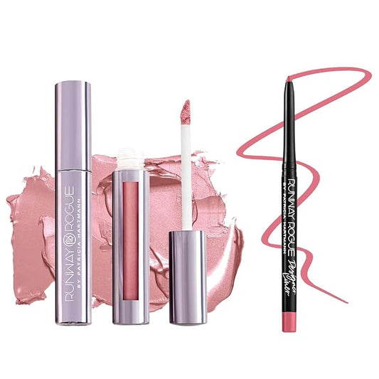 Runway Rogue ‘Trophy Wife’ Frosted Pastel-Pink Silk Glam Long Wear Liquid Lipstick Bundle with ‘It’s a Wrap’ Matte-Pink Designer Liner Lip Liner