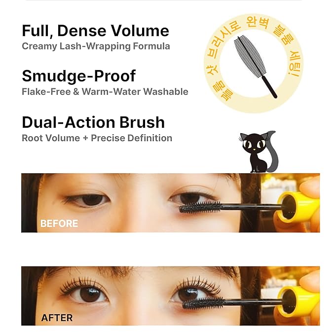 Cat’s Eye Curling Mascara K-Beauty – Lengthening, Volumizing, Smudge-Proof & Washable Mascara for Straight or Short Lashes, Non-Clumping Black Formula, 12g