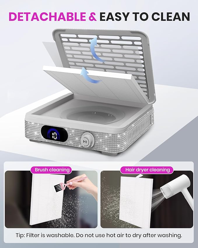 Nail Dust Collector, Powerful Suction Dust Collector for Nail Tech with 10 Speed Levels, Low Noise Nail Fan Dust Collector for Professional Salon & Home, Detachable & Easy to Clean, White