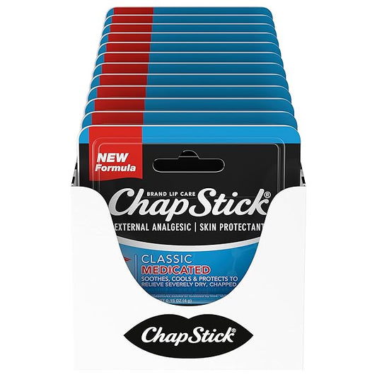 ChapStick Classic Medicated Lip Balm Tubes, Chapped Lips Treatment and Skin Protectant - 0.15x12 Oz (Pack of 12)