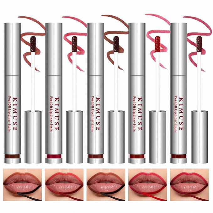 KIMUSE 5Pcs Peel Off Lip Stain, Lip Liner Stain Long Lasting, Waterproof, Transfer-Proof, Highly Pigmented Color Lip Tint Stain Set, Matte Finish