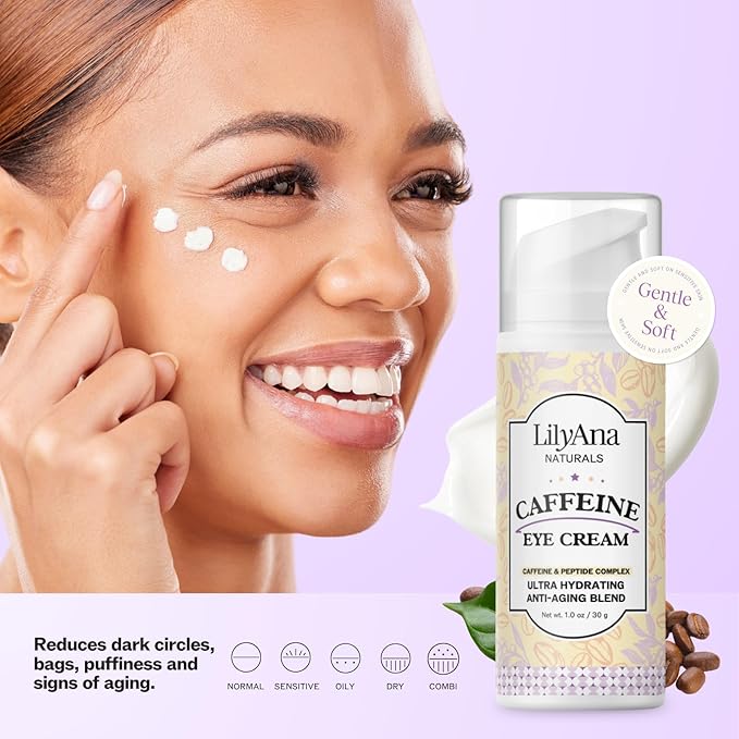 LilyAna Naturals Caffeine Eye Cream with Peptides for Dark Circles, Puffiness, Fine Lines and Wrinkles 1.0 oz