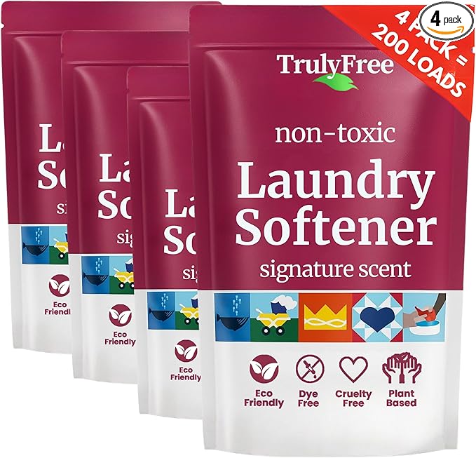 Truly Free Fabric Softening Conditioner for Clothes| Safe for Babies & Kids with Sensitive Skin | Plant-Based | Includes 4 Refills| Signature Scent Rinse(200 Loads)