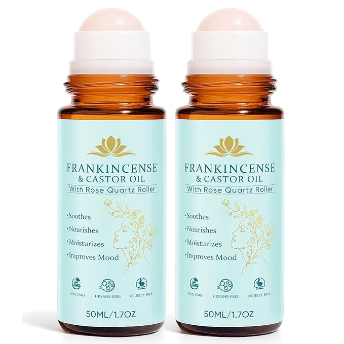Peehss Frankincense and Castor Oil Roll On, Rose Quartz Roller, 100% Pure, Organic, Cold-Pressed for Face & Neck, Helps Firms Skin Feel Soft Smooth & Nourished, 1.7 fl oz, 2PC