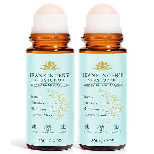 Peehss Frankincense and Castor Oil Roll On, Rose Quartz Roller, 100% Pure, Organic, Cold-Pressed for Face & Neck, Helps Firms Skin Feel Soft Smooth & Nourished, 1.7 fl oz, 2PC