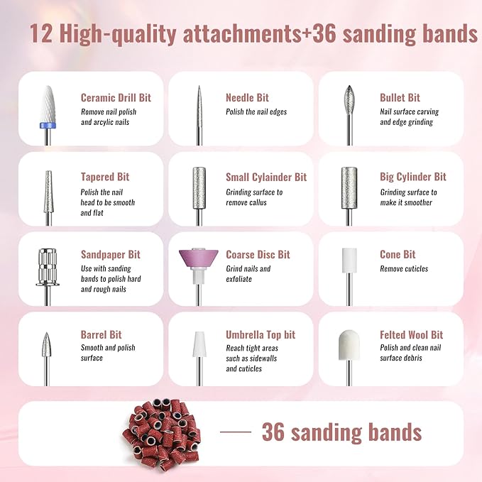 Denabuty Cordless Electric Nail Drill File: 35000RPM Professional Nail Drill Machine with UV LED Nail Lamp Charging Base, Manicure Pedicure Kit E File for Acrylic Gel Dip Powder Polish Pink