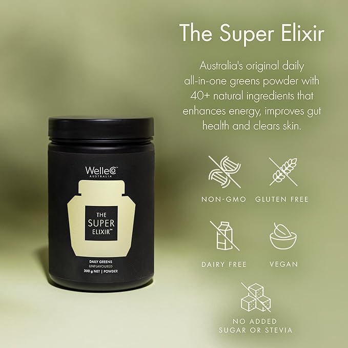 WelleCo The Super Elixir, Daily Greens Powder with Probiotics, Superfoods & Whole Foods, Unflavored Drink Mix for Gut Health, Immunity, Energy, Skin & Hair, 10.5oz Jar
