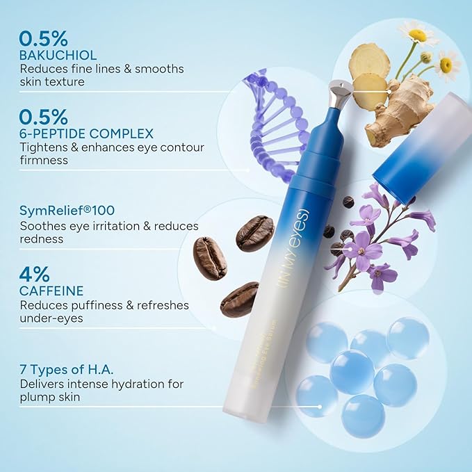 Caffeine Eye Serum, Firming Hydrating Renewing Eye Cream with Bakuchiol Hyaluronic Acid for Reduces Fine Lines, Dark Circles & Puffy Bags, Eyes Care with Zamak Applicator, 0.5 fl. oz