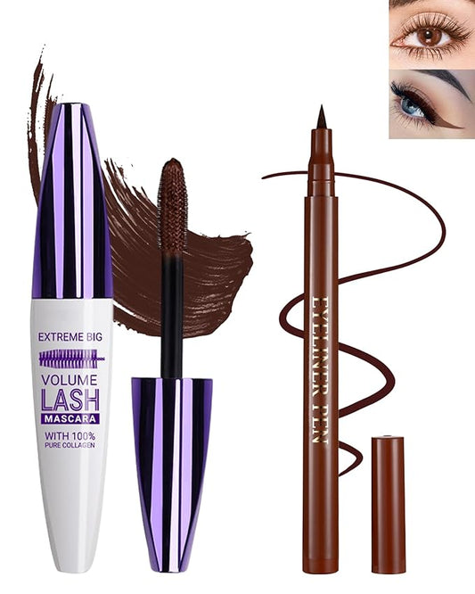 Brown Waterproof Mascara & Eyeliner, 5D Silk Fiber Lash Extension Colored Tube Mascara Volume and Length,Long-Lasting Smudge-Proof Volumizing Colorful Máscara and Liquid Eyeliner Pen Set for Women