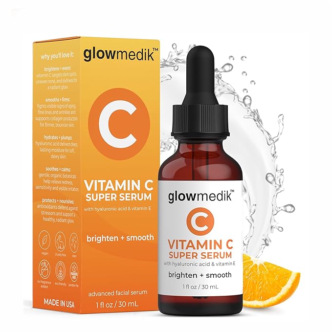 GlowMedik Vitamin C Serum for Face – Brighten + Smooth Vit C Serum Face with Hyaluronic Acid, Vitamin E & MSM, Hydrates & Firms Dull or Uneven Skin for a Radiant, Youthful-Looking Glow, 30ml