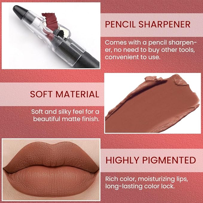 Nude Brown Matte Lip Liner Crayon with Sharpener - Waterproof Smudgeproof Long-Wear Lip Pencil, Creamy Pigmented Lip Crayon for Women, 12HR Stay Silky Velvet Lip Liner 11#