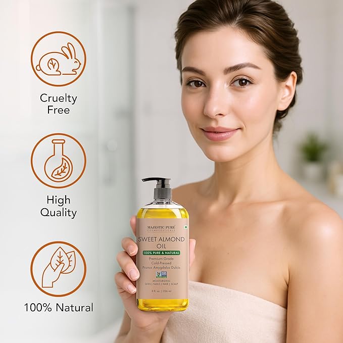Majestic Pure Sweet Almond Oil - 100% Pure & Natural - Premium Grade, Cold-Pressed, Hexane-Free Carrier Oil for Skin, Hair and Body - Moisturizing Skin, Hair and Scalp - 8 Fl Oz