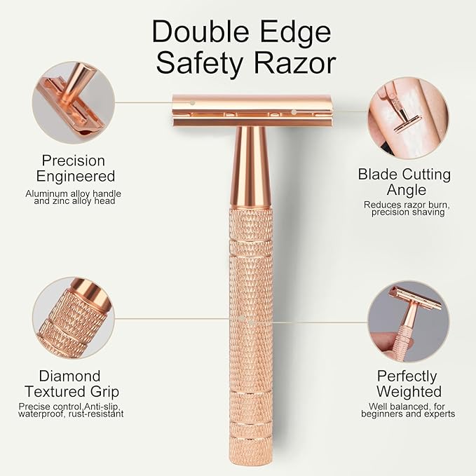 Double Edge Safety Razor with Stand, Single Blade Razors for Women, Reusable Metal Razor, with 10 Stainless Steel Double Edge Blades, Smooth and Close Shave, Plastic Free, Matte Rose Gold