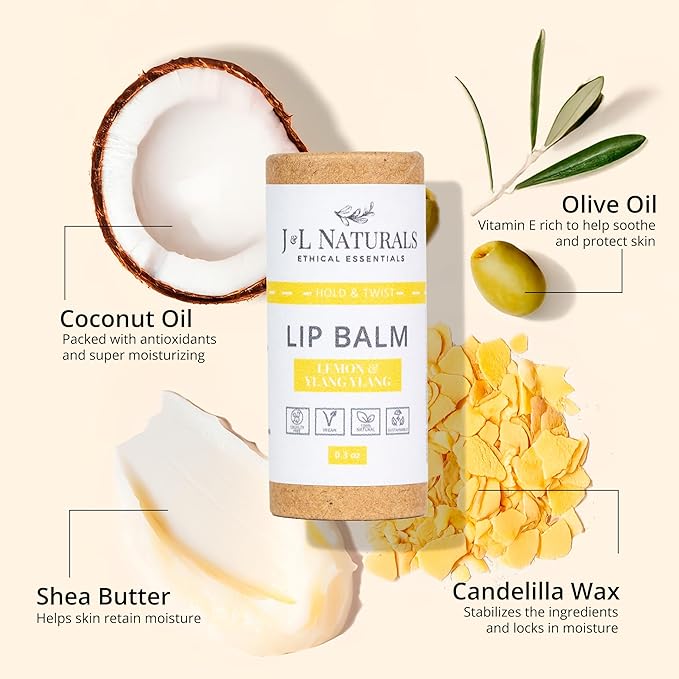 J&L Naturals Sustainable Lip Balm | Organic Ingredients, 100% Natural, Eco-Friendly | Cruelty Free, Vegan, Paraben Free, Silicone Free (Lemon & Ylang Ylang, Single)