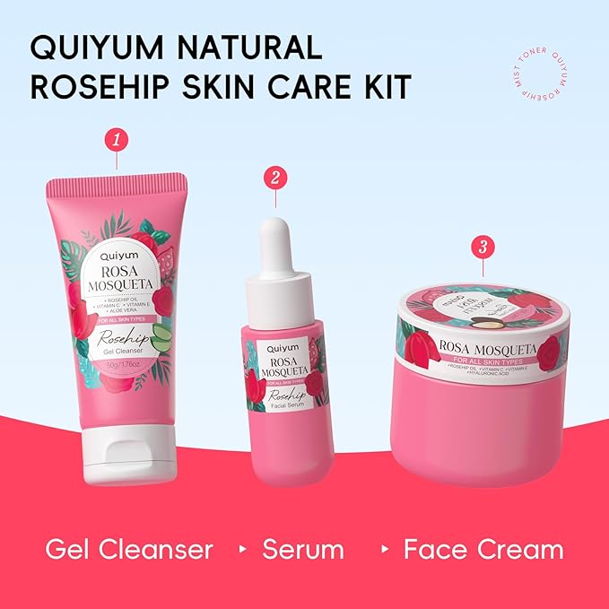 Rosehip Skin Care Set, Beauty Skincare Sets, Natural Facial Skin Care Products, Mother's Day Birthday Christmas Gifts Sets for Women, Nourishing, Hydration, Glow Up, 3PCS, Stocking Stuffers