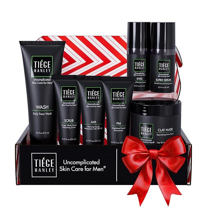 Tiege Hanley Skin Care Set for Men, Revitalization Routine, System Level 4, Face Wash, Scrub, Moisturizers, Eye Cream, Serum, & Clay Mask for Healthy, Hydrated Skin, Men’s Skin Care, 7 Piece Kit