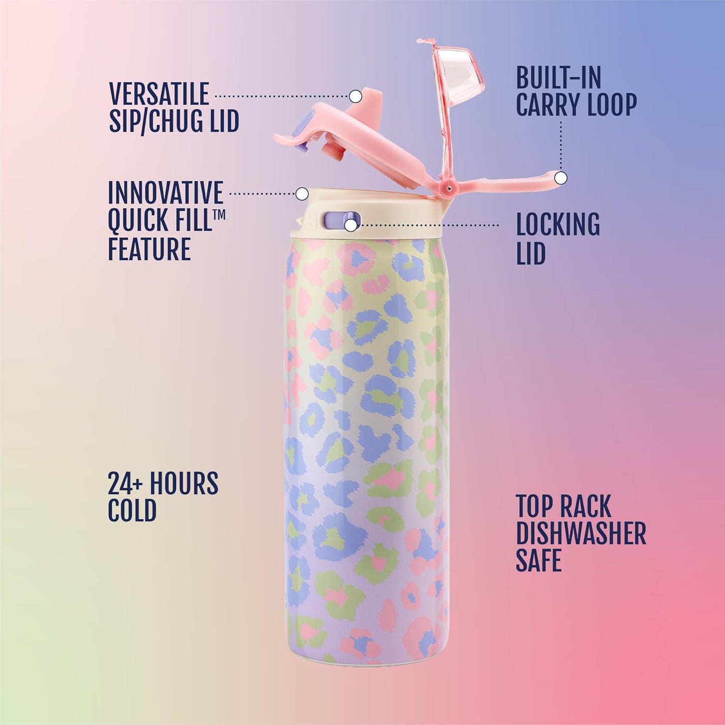 Pop & Fill 18Oz Stainless Steel Kids Water Bottle with Quick Fill Lid | Vacuum Insulated BPA Free Bottle with Leak Proof Straw and Chug Lid, Dishwasher Safe, Gift for Kids Teens, Cheetah