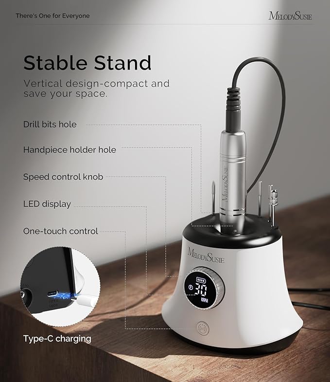 MelodySusie Multifunctional Upgraded Desktop Cordless Nail Drill with Bit Holders, SC320G 30000RPM E-File with Elegant Design for All Manicure Shaping & Gel Removal, Ideal for Nail Artists & Home Use