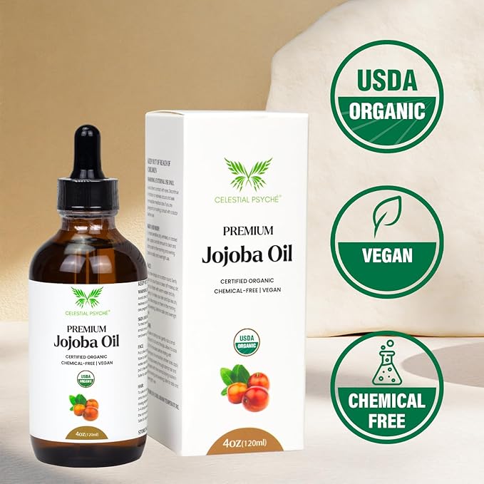 Celestial Psyché USDA Certified Organic Jojoba Oil (4 Oz) 100% Pure Natural, Chemical-Free, Hexane-Free, Hair Growth, Scalp Care, Skin Hydration, Nails Natural Beauty Enhancement, Anti-Aging
