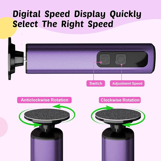 Dolcevitae Electric Foot Callus Remover & Nail File - Electric Callus Remover for Feet, 9 Adjustable Speeds, 1800mAh Rechargeable, Portable Aluminum Body w/Type-C Charging for Home & Travel (Purple)