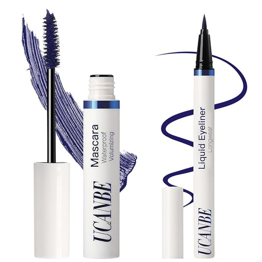 UCANBE Blue Mascara and Liquid Eyeliner Set, Waterproof Colored Eye Makeup Duo - Enhance Your Gaze with Natural Lasting Lift & Curl for Lashes and Pigmented Smudge-Proof Eye Liner