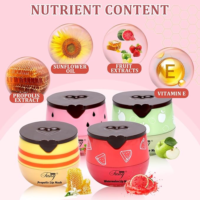 4 Pcs Bee Balm,Honey Strawberry Watermelon Bee Lip Balm Honey Pot,Moisturizing Lip Mask Overnight,Hydrate Repair Prevent Dry Cracked Lip Care (Honey+Strawberry+Watermelon+Apple Lime)