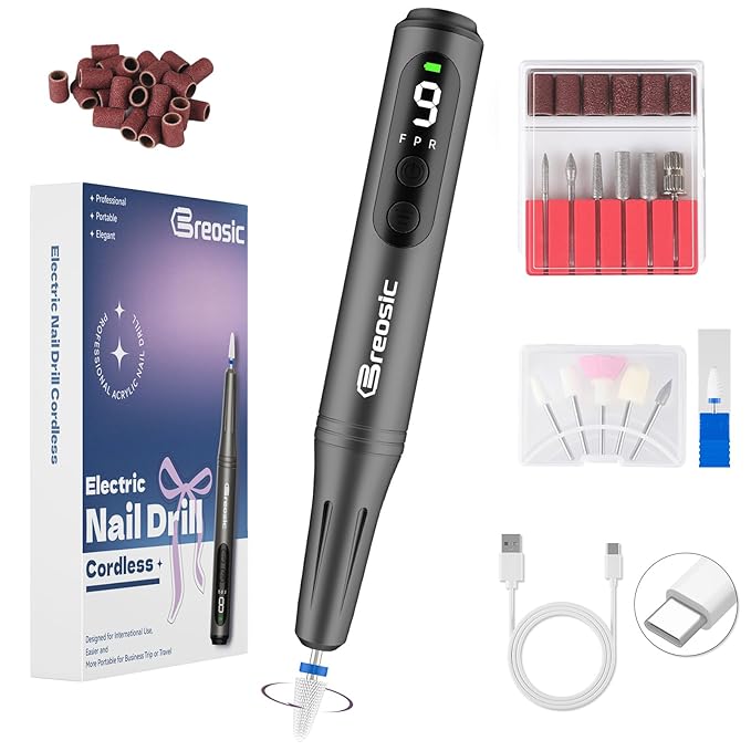 Breosic Electric Nail Drill,12-in-1 Nail File Portable 35000RPM,USB-Rechargeable Cordless Nail Drill Professional with 9-Speed & LED Display Manicure Pedicure Nail Kits forGel Nails & Acrylic(Gray)