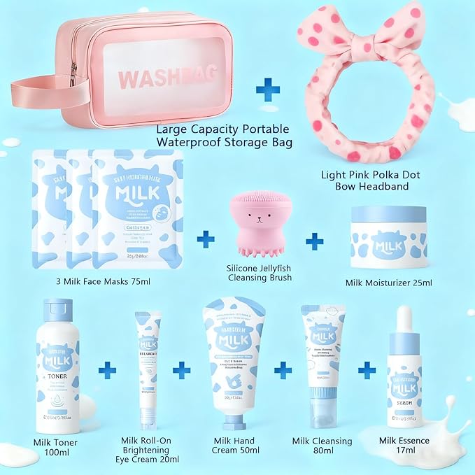 Milk Skincare Set for Kids & Teens,12 IN 1 Moisturizing & Gentle Milk Skin Care for Teens 10-12, Kids Skin Care Set for Girls Ages 8-12, Milk Extract Face Skincare for Girls 10-12,All Skin Types,12PCS