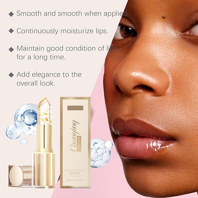 Gold Crystal Color Changing Lipstick - Clear Lip Gloss That Changes, Long Lasting Moisturizing & Nourishing Lipstick, Non-Sticky Glossy Shine (1 pcs)