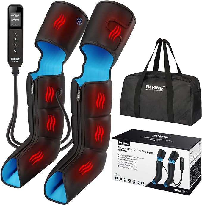 FIT KING Air Compression Leg Massager with Heat and Compression for Circulation and Pain Relief, Full Leg & Foot Massager for Swelling Edema RLS with Pressure Sensor LCD Display for Dad Mom Wife
