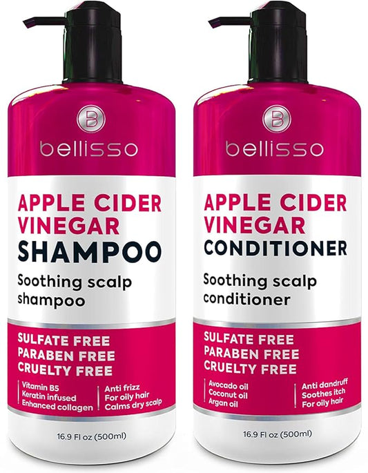 Apple Cider Vinegar Shampoo and Conditioner Set - Stop Flaky and Itchy Scalp – Sulfate Paraben Free Anti Dandruff Soothing Treatment for Dry, Oily and Damaged Hair - Intense Care for Women and Men