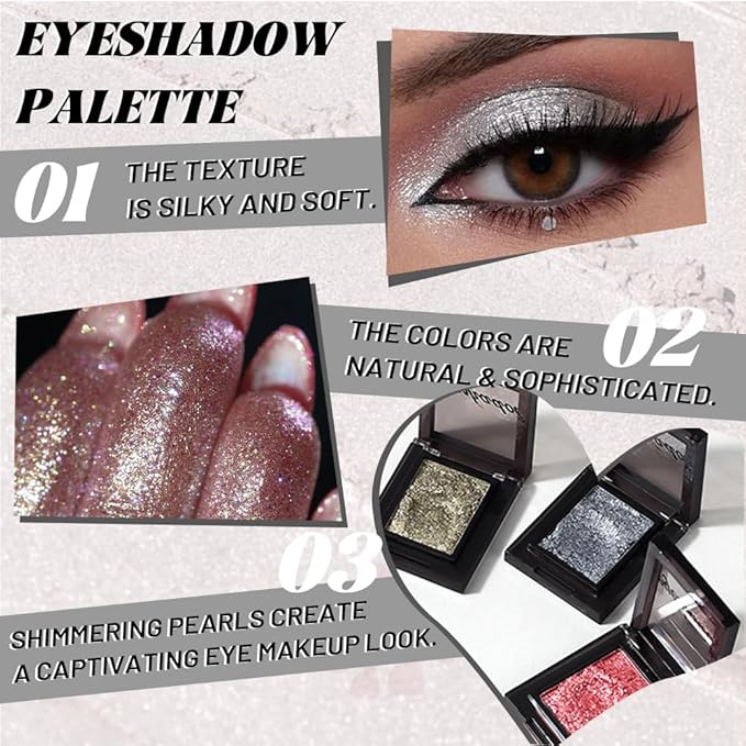 Sparkly Eyeshadow Palette for Women, Single Monochrome Eye Shadow Makeup, Shiny Pressed Cream Powder, Blendable Natural sombras para ojos, Holographic,Vegan,Travel (03-Glitter-Silver White)