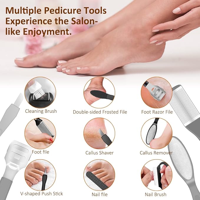 AdamPark Electric Callus Remover for Feet,Rechargeable Foot File Hard Skin Remover,Waterproof 14 in1 Professional Pedicure Kit for Cracked Heels &Dead Skin,with 3 Roller Heads 2 Speed(Black J8)