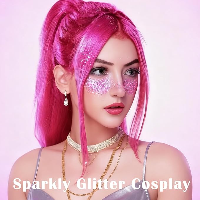 Pink Hair Glitter Stick, Chunky Sequins Body Face Glitter Singer Concert Outfits For Women,Halloween Body Paint for Kids,Waterproof Shimmer Music Festival Pink Out Accessories for Spirit Week