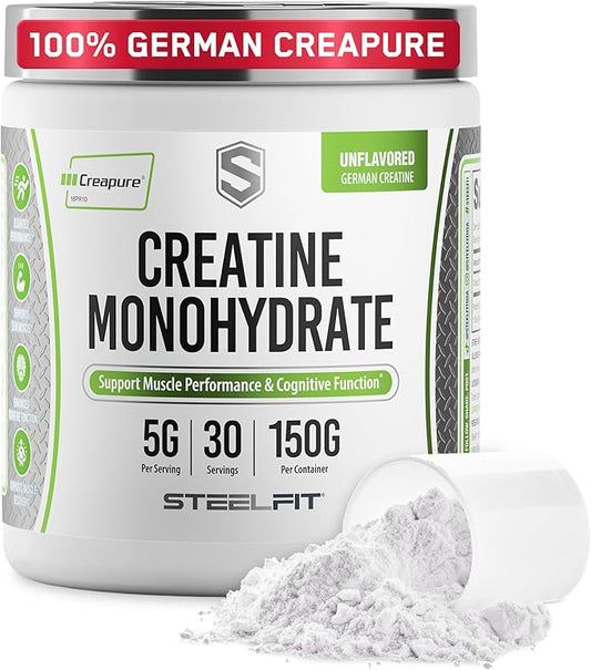 SteelFit Creapure Creatine Monohydrate Powder - German Micronized Creatine Powder for Men & Women - Gym Workout Nutritional Supplements for Muscle Gain, Brain Health & Strength Building, 30 Servings