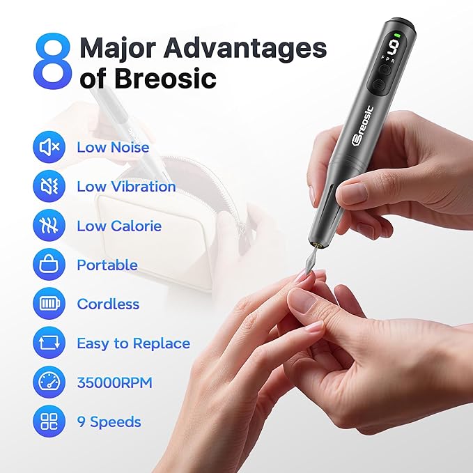 Breosic Electric Nail Drill,12-in-1 Nail File Portable 35000RPM,USB-Rechargeable Cordless Nail Drill Professional with 9-Speed & LED Display Manicure Pedicure Nail Kits forGel Nails & Acrylic(Gray)