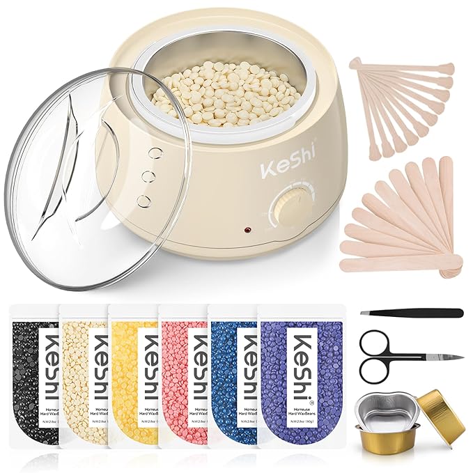 KeShi Waxing Kit, Painless Hair Removal Wax Warmer with 6 Bags Hard WaxBeans for Full Body, Legs, Face, Eyebrows & Bikini— Ideal for Both Women & Men(Cream)