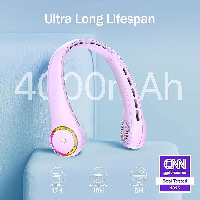 Portable Neck Fan, Personal Fan with 4000mAh Battery, Rechargeable Neck Fan with 3 Speeds and 64 Cool Lights, Birthday Gifts for Men Women Mom Dad, Hands Free Cooling fan for Summer(Purple)