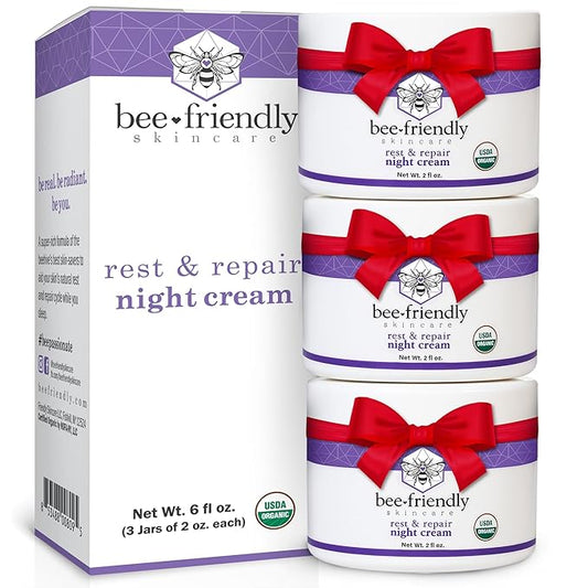 BeeFriendly Organic Night Cream, USDA Certified Organic, Deep Hydrating & Moisturizing Night Time Eye, Face, Neck & Decollete Cream for Women and Men, Anti Aging, Anti Wrinkle 6 oz - 3 Pack