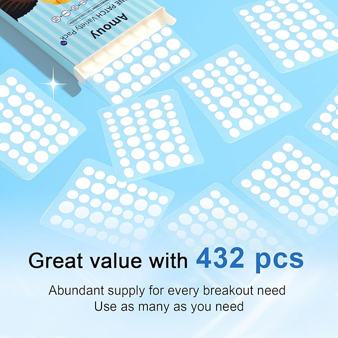 Amouy Acne Pimple Patch- 2 Sizes 432 Dots Thin & Thick Hydrocolloid Patches for Face with Witch Hazel, Tea Tree & Calendula Oil, Extra Adhesion Pimple Patches for Face Zit Patch Acne Dots