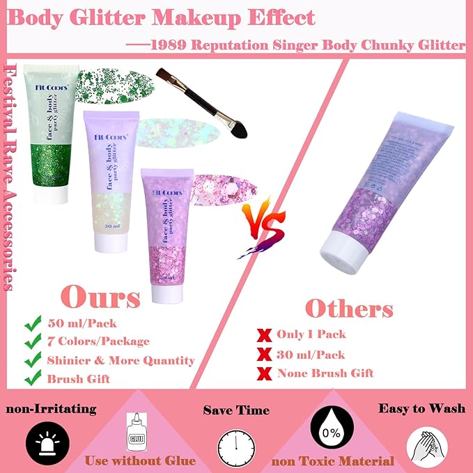 Body Glitter Face Glitter Gel: Singer Concerts Disco Festival Rave Accessories Face Glitter Makeup Chunky Sequins Mermaid Face Body Hair Glitter Gel (Green&White&Pink)