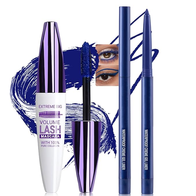 Blue Mascara Eyeliner Pencil Set, 5D Colored Mascara Volume Length Smudge-Proof Smooth Shine Gel Eye Liner Pen Waterproof Natural Curling for Eyelashes Makeup for Women