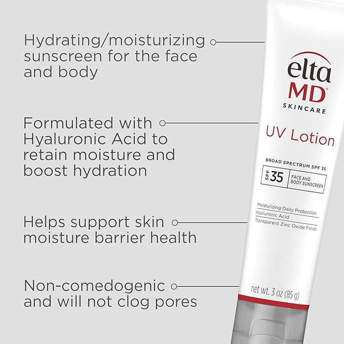 EltaMD UV Lotion Body Sunscreen, SPF 30+ Sunscreen, Body Lotion with SPF Made with Zinc Oxide and Hyaluronic Acid, 3.0 oz Pump
