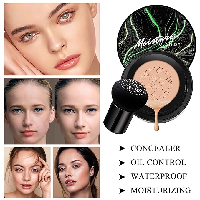 2 PCS Mushroom Head Air Cushion CC Cream Nature Foundation,Foundation Brush Powder Brush,Moisturizing Concealer, Bright Makeup Base Long Lasting with Mushroom Makeup Sponge(#04 Buff Beige)